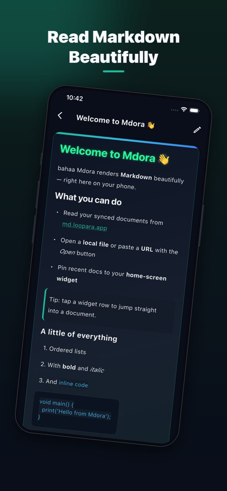 Mdora iOS app rendering a Markdown document with headings, lists, and a code block