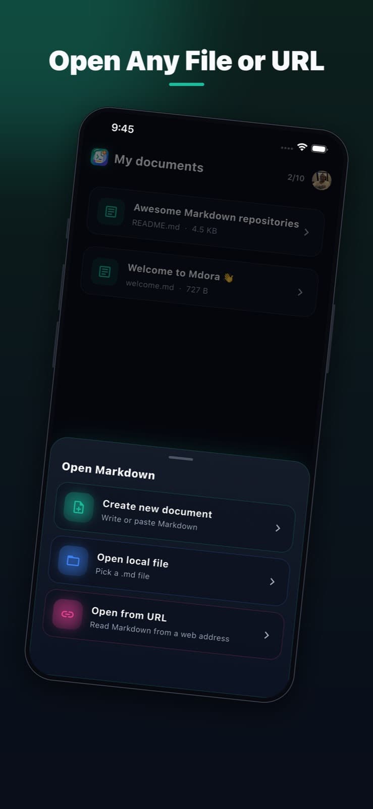 Mdora iOS app open sheet with create new document, open local file, and open from URL