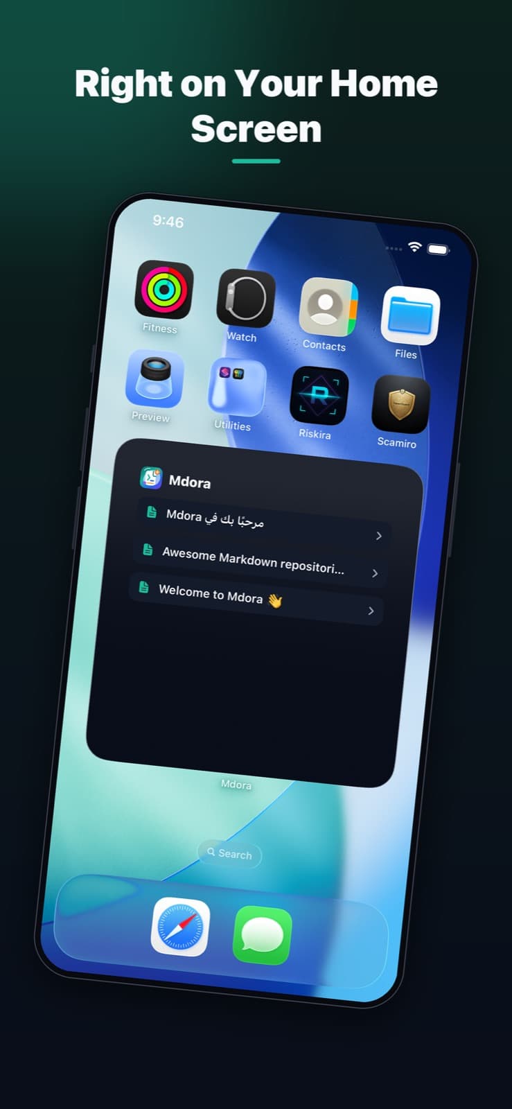 Mdora home screen widget listing recent Markdown documents on iOS